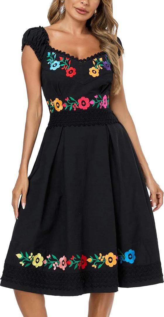 Women's Mexican Dress Embroidered Causal Lace Party Dress (Medium, Black)