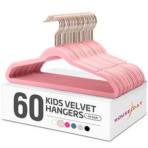 HOUSE DAY Velvet Kids Hangers 60 Pack, Premium Childrens Hangers for Closet, Ultra Thin Cute Clothes Hanger, Non Slip Small Felt Hanger 14 Inch for Kids Clothes, Blush Pink