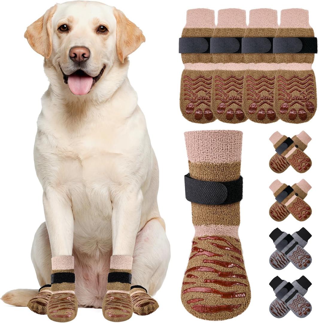 SlowTon Dog Socks with Double-Sided Grippers - 4PCS Dogs Grip Socks for Hot & Cold Pavement or Hard Floors, Non-Slip Paw Traction Protectors for Senior Small Medium Large Dogs(Brown, S)