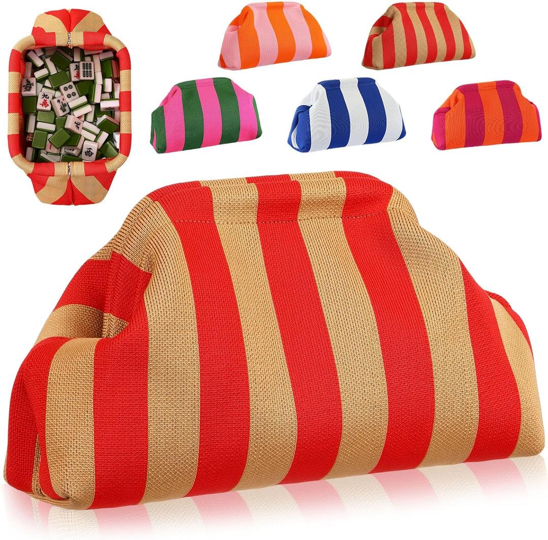 Mahjong Tile Bag Woven Clutch Purses for Women Woven Striped Dumpling Bag Summer Beach Evening Handbag for Mahjong Tile Vacation Supplies(Red Yellow,Thin Lines)