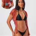 Crochet Beach Sarong Wrap, Red Mesh with Starfish Appliques, Swimsuit Cover Up (red, Medium) (M)