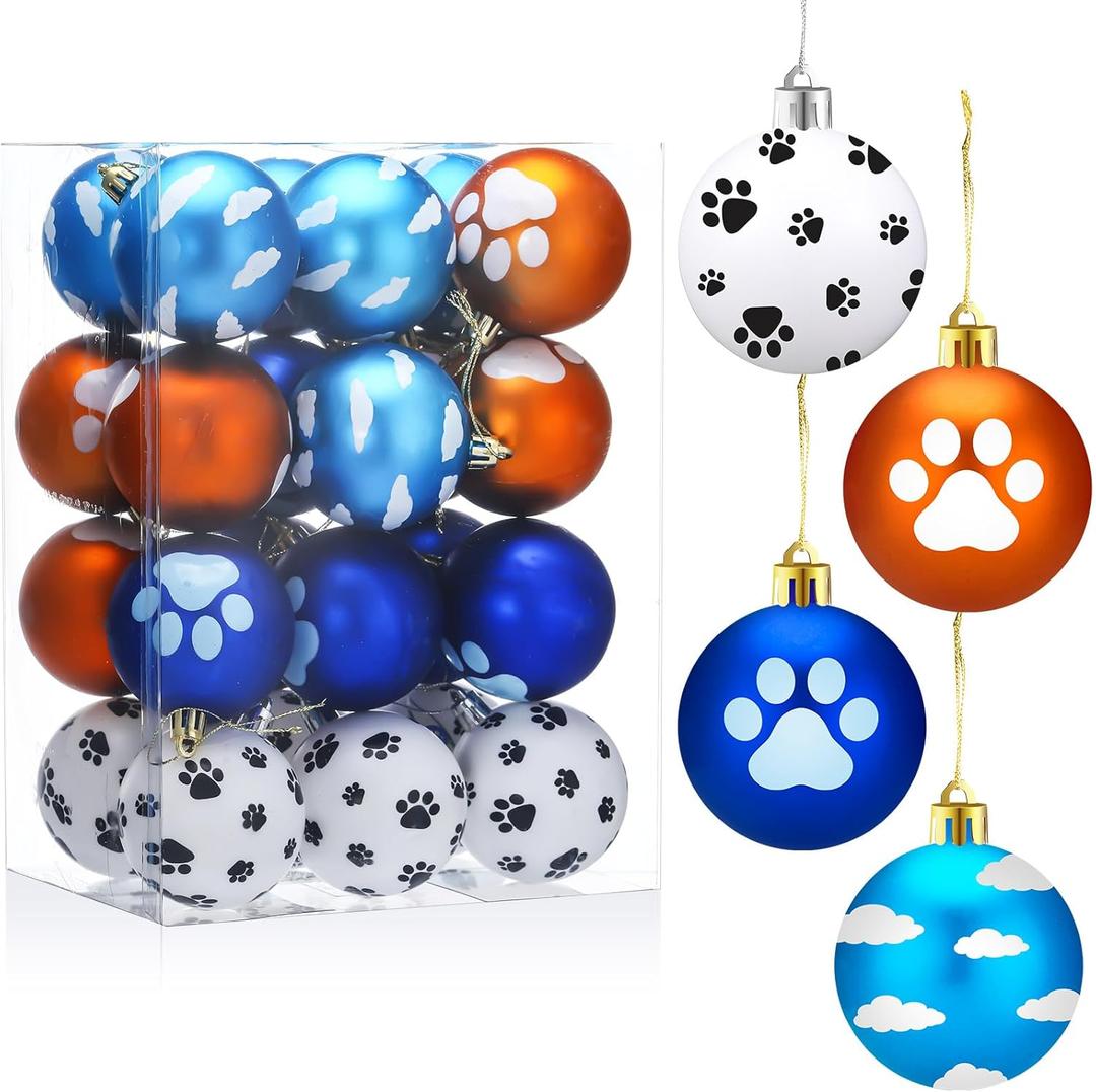 Hollowfly 24 Pcs Blue and Orange Christmas Dog Tree Ornaments 2.36 Inch Sky Cartoon Paw Clouds Christmas Ball Ornaments Set Plastic Shatterproof Xmas Trees Hanging Decorations for Holiday Decor Home