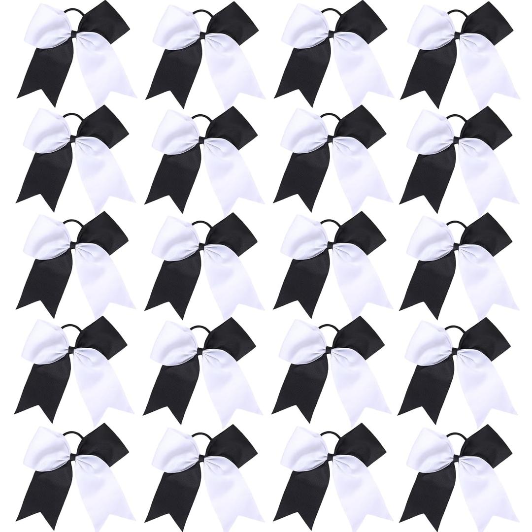 Hipcheer 20pcs 8" Large Black and White Cheer Bows for Girls, Hand-made Grosgrain Ribbon Hair Accessories for Teen Girls Softball Cheerleader Sports (Black/White (Pack of 20))