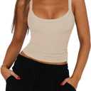 Womens Sexy Low Cut Tank Tops for Women Workout Spaghetti Strap Scoop Neck Ribbed Fitted Backless Basic Going Out Tops (Beige, XL)