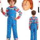 Creepy Doll Costume for Kids Ghost Mask Stripe Top Jumpsuit Halloween Costume Cosplay Props Boys Girls (L/150, Blue)