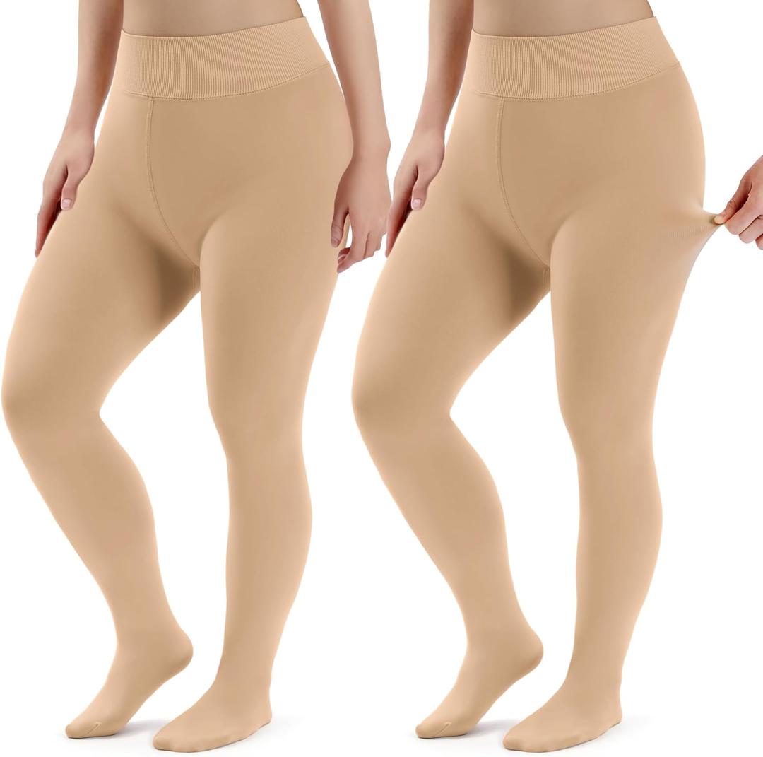 Eurzom 2 Pairs Plus Size Fleece Lined Tights Women Winter Thick Thermal Leggings Cozy Stretchy Pantyhose for Cold Weather (XL)