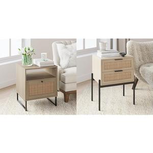 Nathan James Mina Rattan Wood End Side Accent Table Nightstand & Andrew Nightstand, Accent Bedside End Side Table with Storage Drawer (Oak/Black)