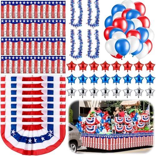 Anglechic 132 Pcs 4th of July Patriotic Float Decorations Metallic Stars & Stripes Fringe Banner with Patriotic Tinsel Garland and Red White Blue Star Balloon Latex Balloon for Independence Day Party