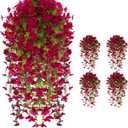 UV Resistant Artificial Hanging Flowers for Outdoors, Faux Morning Glory Fake Hanging Plants for Porch, Garden, Patio & Home Decoration, Realistic Silk Flowers, No Fade, No Watering, 4 PCS, Rose Red