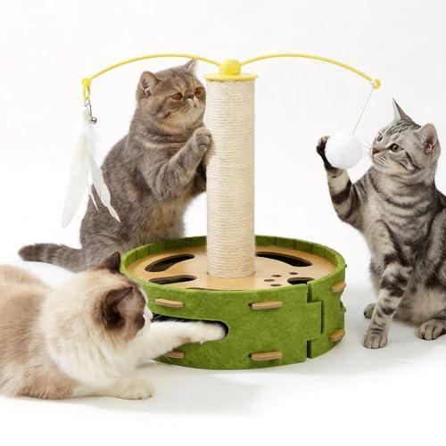 Cat Nail File Enrichment Box with Scratching Post, Sandpaper Scratcher Base, Interactive Cat Scratch Puzzle Box with Rotating Teaser & Bell Balls for Indoor Cats