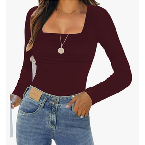 Womens Long Sleeve Shirts 2025 Sexy Ruched Square Neck Tops Trendy Double Lined Fitted Top Blouses Outfits Size S