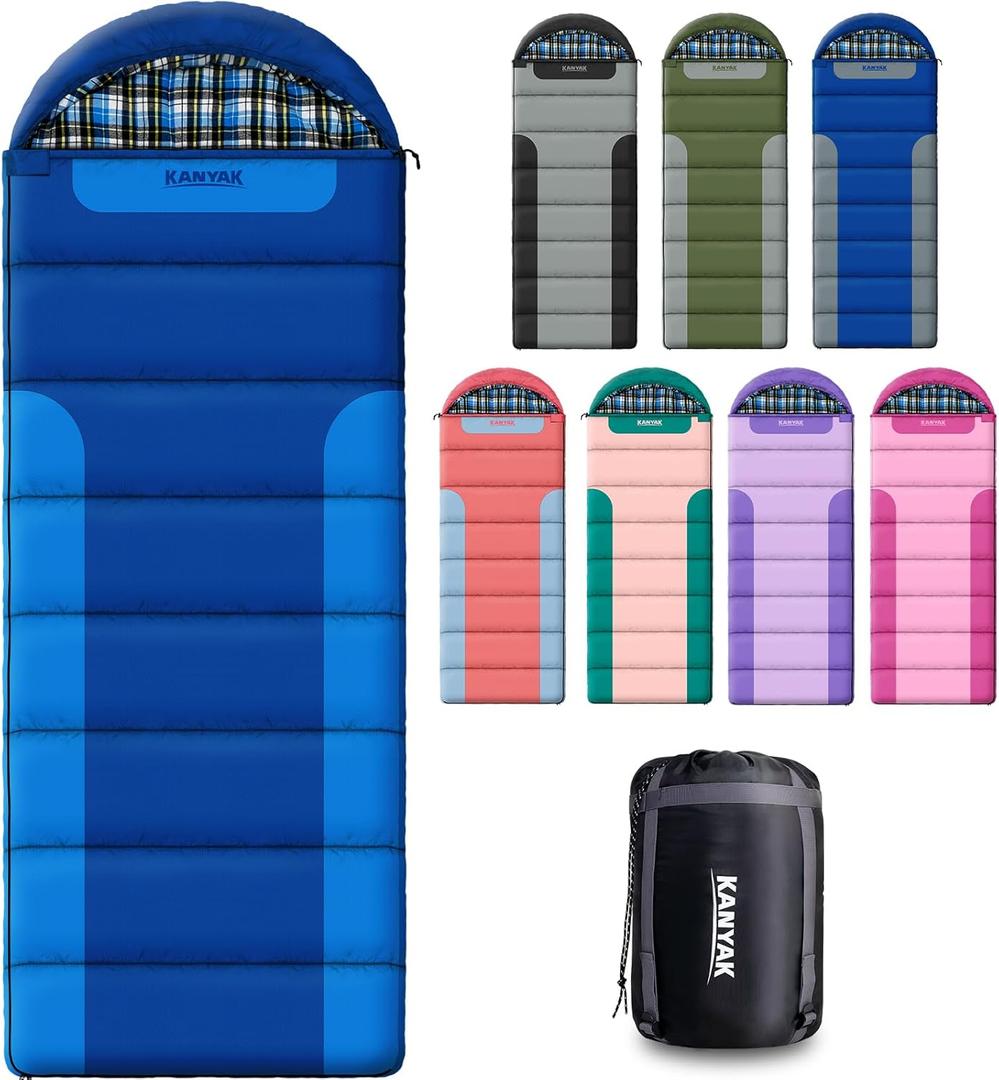 Cotton Flannel Lined Sleeping Bag for Adults Teens Kids, Cold Weather &Warm, 3 Seasons, Lightweight Compact Camping Essentials Equipment, Hiking, Outdoor, Travel (Deep Blue & Light BlueRight Zip)