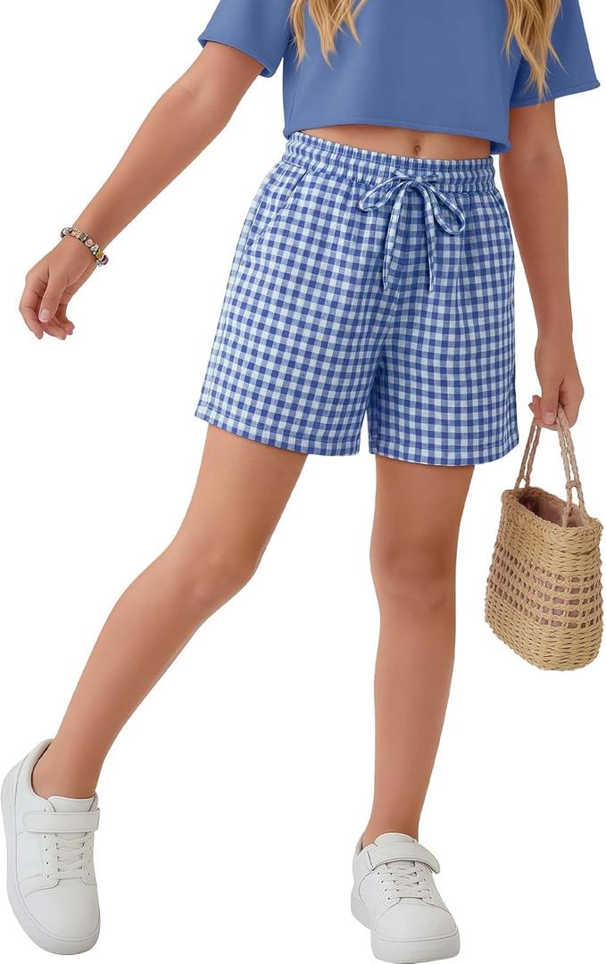 Oakgarden Girls Plaid Shorts Gingham Boxer Casual Elastic Waist Wide Leg Short Pant Loose Fit Summer Teens Kids Shorts 7-8