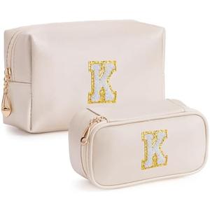 HBselect 2 Pack Cute Personalized Initial Preppy Makeup Bags for Teen Girls Friends, Monogrammed Cosmetic Bags Set for Women Bride, Pu Leather Waterproof Make Up Bag White K Letter