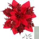Toyvian Christmas Glitter Artificial Poinsettia Flowers- 12pcs Christmas Tree Flowers Ornaments- Xmas Party Decoration with 12pcs Stems and Clips (Red)