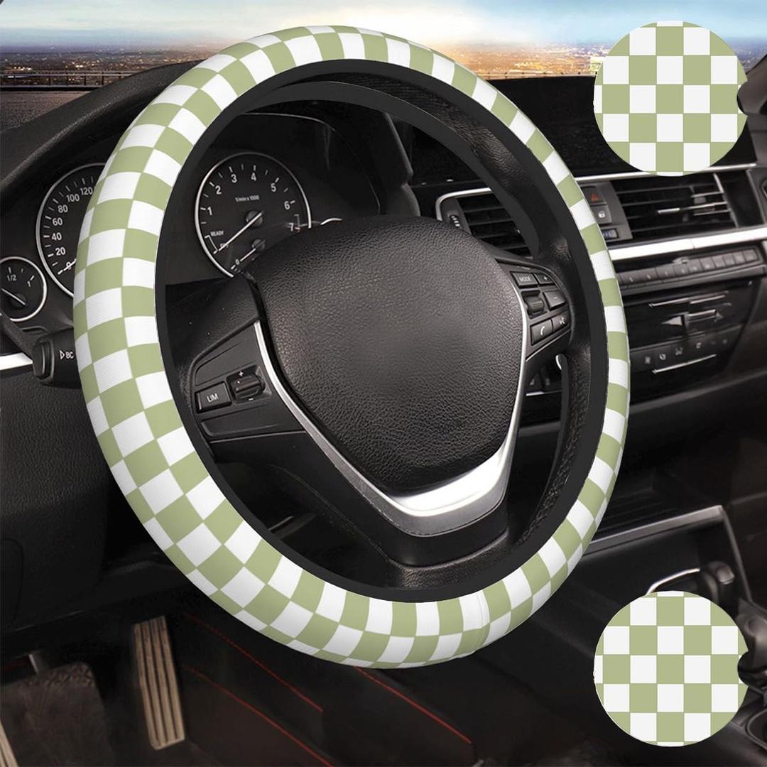 Green White Checkered Car Steering Wheel Cover