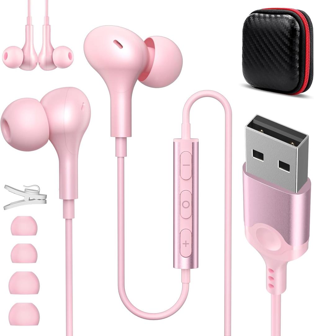 ASKUBSKU USB Headset with Microphone for PC 7.5 Ft Cable, USB A Headphones for Computer, Wired USBA Earbuds with Mute Stereo Noise Canceling Call Cord Laptop Earphones for Dell Surface Switch, Pink