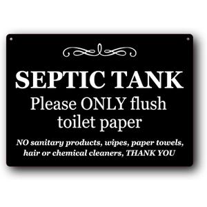 Septic Tank Sign 297mm x 210mm A4 - Black UV Printed Aluminum Composite - Septic Tank Please Only Flush Toilet Paper Sign - Indoor & Outdoor Use with Twine for Easy Hanging