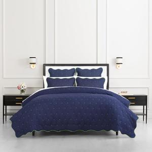 kate spade new york Scalloped Edge 3-Piece Full/Queen Quilt Bedding Set, 100% Cotton Reversible Cover, All Season Warmth Bedding, Machine Washable, Navy