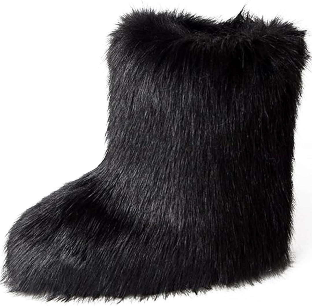 YXCFEWD Fur Boots for Women Winter Fluffy Furry Boots for Girls Flat Heel Snow Boots, 8 Wide (Black)