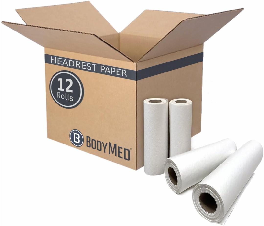 BodyMed Premium Headrest Paper Rolls for Chiropractic Exam Table, Smooth White, 12-Inch x 225-Feet, 12 Rolls Disposable Paper Rolls for Medical Office, Chiropractor, Spa Use