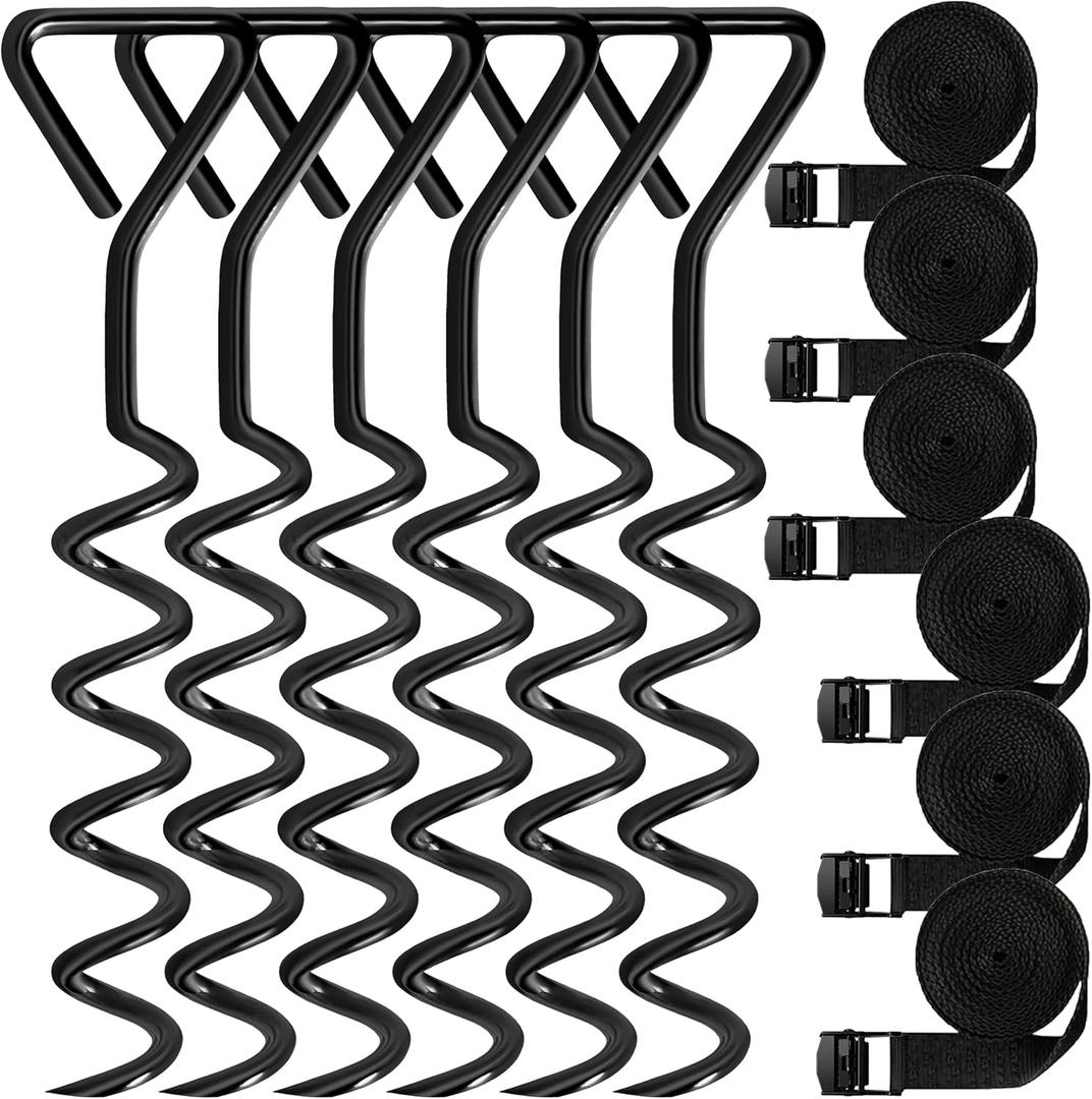 Trampoline Stakes Tent Garden Stake Heavy Duty Trampoline Parts Tent Canopies, Carports,Swing Sets Stake Corkscrew Shape Steel Stakes Anchor Kit (16" (6 Pack), Black)