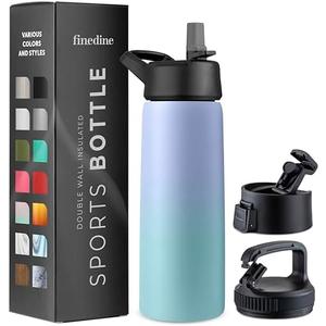 FineDine Triple Walled, Insulated Water Bottles with Straw - 25 Oz Stainless Steel Metal Bottle W/ 3 Leak Proof Lids - For Travel, School, Sports, Gym/Men, Women & Kids - Powder Steel Blue