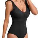 Cromi One Piece Swimsuit Women Square Back Ribbed Bathing Suit V Neck Push Up Bathing Suits Modest Swimwear (Small, black)