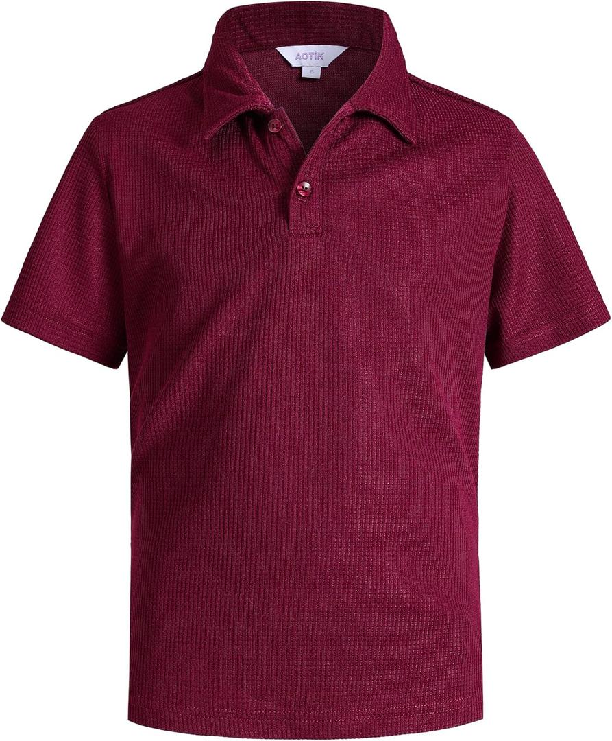 Boys Casual Polo Shirt Short Sleeve Waffle Solid Collared Shirts for Kids Aged 8 Year