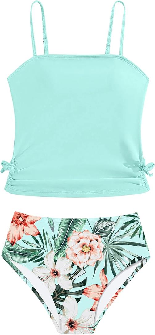 Queenstyle Teen Girls Swimsuit Size 12 14 Two Piece Bathing Suits for Girls 12-14 Blue Drawstring Tankini Teen Girls' Swimwear