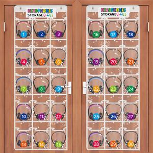 2 Pack Classroom Headphone Storage Organizer with 30 Pockets, PVC Clear Classroom Pocket Chart for Headphone Cell Phone Over-the-Door Hanging Headphone Holder Bag with 62 Labels(White)