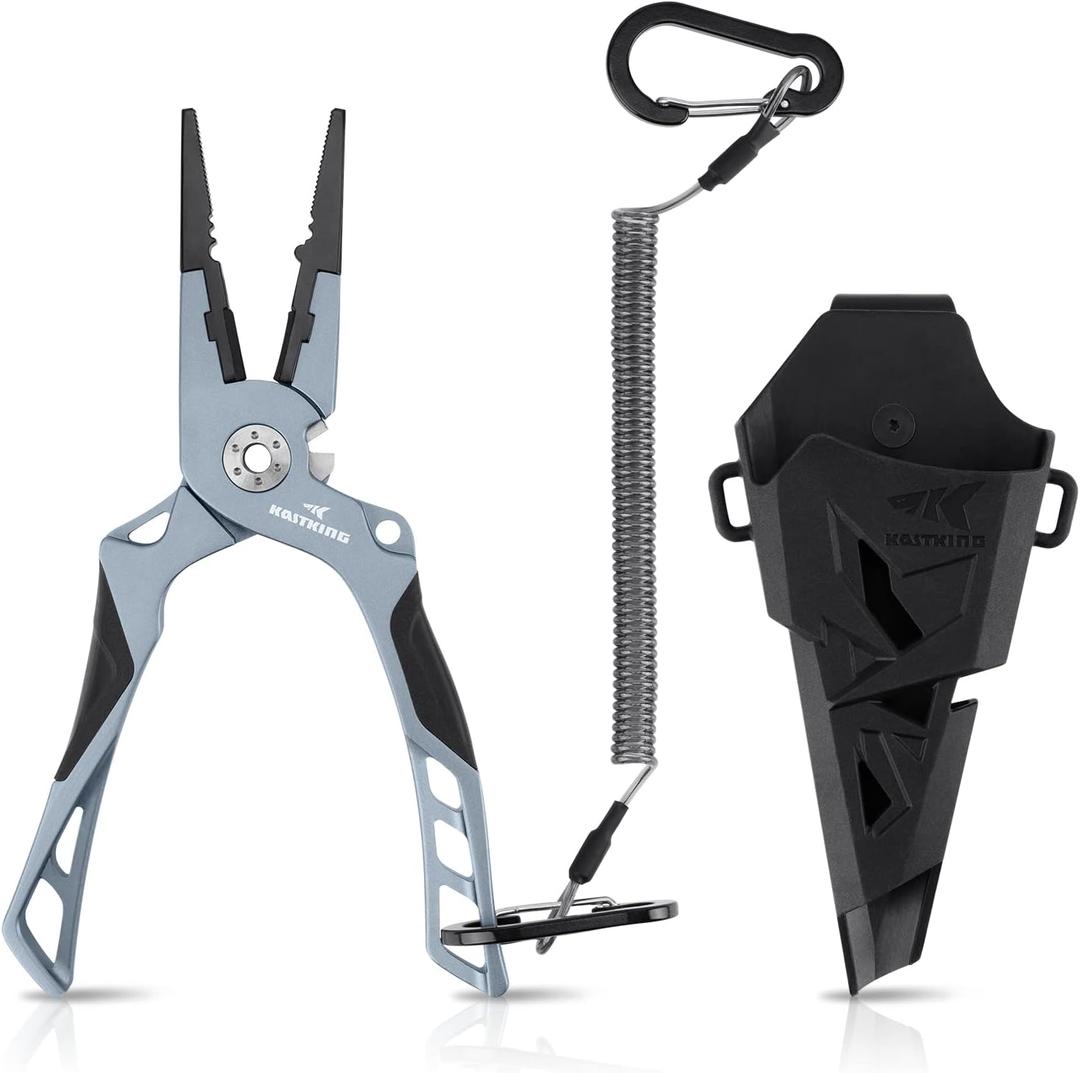 KastKing Gila 7.5-inch Fishing Pliers with Scissor Line Cutters, Aircraft Grade Aluminum Fishing Gear, Saltwater Resistant Fishing Tools, Non-Slip Rubber Handle (B: Straight nose plier - Charcoal)