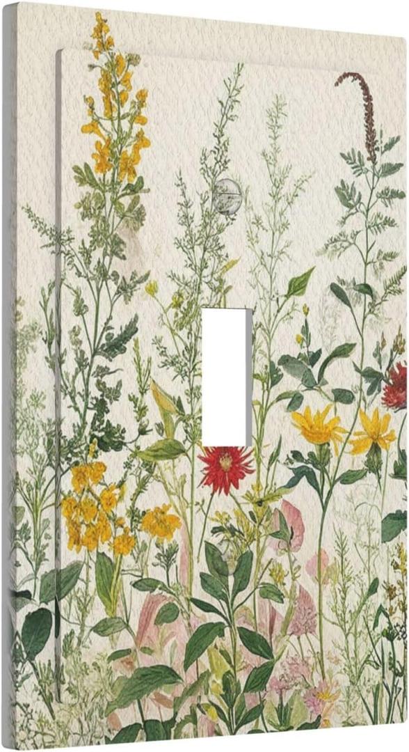 Decorative Light Switch Cover Rustic Beige Wildflower Green Plants Yellow Floral 1 Gang Oversized Single Toggle Wall Plate Jumbo Electrical Switchplate Face (1-Gang Toggle / 5 x 3 IN)