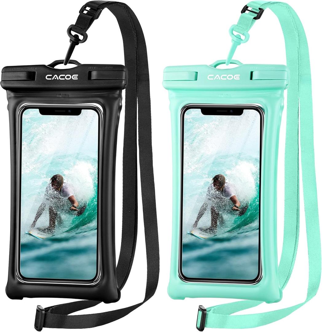 CACOE [Floatable] Floating Universal IPX8 Waterproof Phone case 2 Pack-Up to 7.0",Adjustable Lanyard Phone Pouch,Cellphone Dry Bags for Vacation Beach Pool Kayak Cruise Travel EssentialsBlack+Green (Up to 7.0"-Floatable)