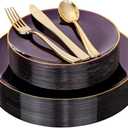 YOUBET 125PCS Purple Plastic Plates - Purple Disposable Plates With Gold Rim - Include 50 Dinner & Dessert Plate, 75 Gold Cutlery Perfect for Wedding Parties & Party