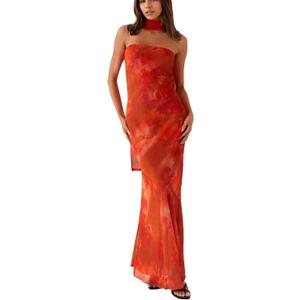 Women Floral Strapless Maxi Dress Sexy Backless Flowy Bodycon Tube Long Dress with Scarf (Red, L)
