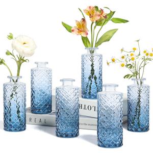 ComSaf Glass Bud Vases Set of 6, Small Diamond Bud Vases in Bulk, Mini Flowers Vases for Centerpieces, Vintage Decor Centerpiece for Table, Wedding Recepetion, Home, Housewarming Gift (Blue) (Blue-style 1)