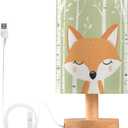 Cute Fox Forest Cartoon Woodland Animal Bedside Table Lamps with USB Port for Bedroom LampSmall Nightstand Lamp Sturdy Linen Shade Wooden Base Decorative Lamps for Nursery Kids Reading Dorm Home