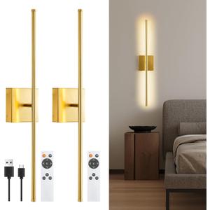 Battery Operated Wall Sconces Set of Two Wireless with Remote Control,350Rotate,3000K-6000K Gold Modern LED Rechargeable Indoor Wall Lights for Living Room, Bedroom, Stairs,27.5 Inch (2 Pack)