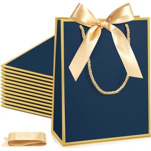 Silkfly 12 Pcs Wedding Paper Gift Bags with Handle 9x7x3.15'' Thank You Gifts Bags with Ribbon Bow Bridal Shower Gifts for Baby Shower Graduation Holiday Birthday Party Supplies (Navy Blue,Gold)