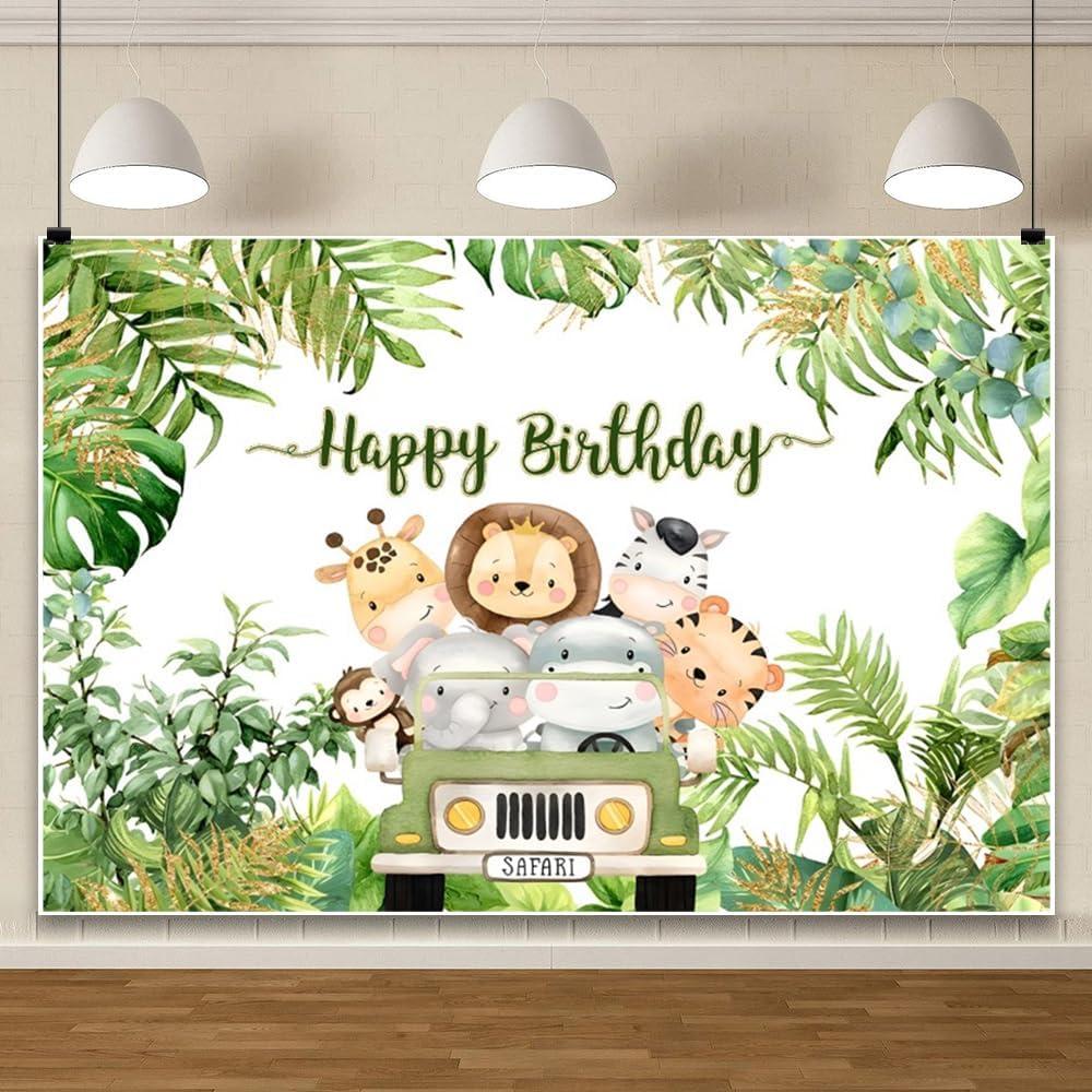 ChloropLastid Jungle Safari Birthday Backdrop Tropical Jungle Palm Leaves Animals Safari Background for Photography Baby Girl Boy Shower Birthday Party Cake Table Decor Banner Supplies 8x6ft