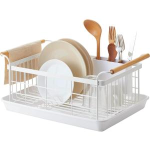 Yamazaki Home Dish Rack with Removeable Drainer Tray, Kitchen Counter Dish Drying Organizer Holder Steel + Wood One Size White