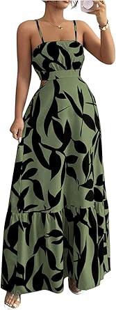OYOANGLE Women's Cut Out Floral Print Tropical Maxi Cami Dress Ruffle Flowy Summer Vacation Spaghetti Strap Sundress, XL