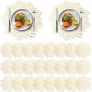Chengu 80 Pieces Vinyl Placemats Round Metallic Hollow Leaf, Gold