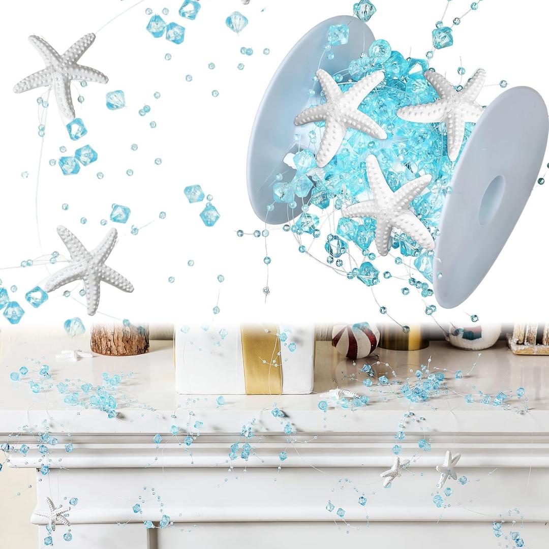 Christmas Ocean Coastal Garland 32.8 Ft Starfish Seashell Garland For Christmas Tree Beach Starfish Seashell Decor Nautical Xmas Tree Ornament For Holiday Party Fireplace Home Bathroom Decor (Blue)