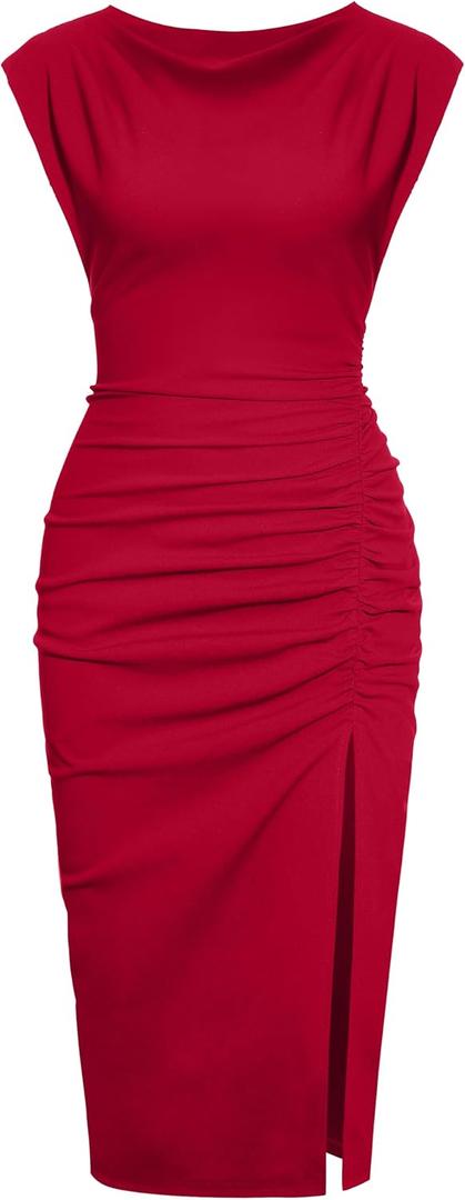 Ihot 2026 Women's Mock Neck Side Slit Ruched Bodycon Cocktail Party Wedding Guest Midi Dress (Red, S)