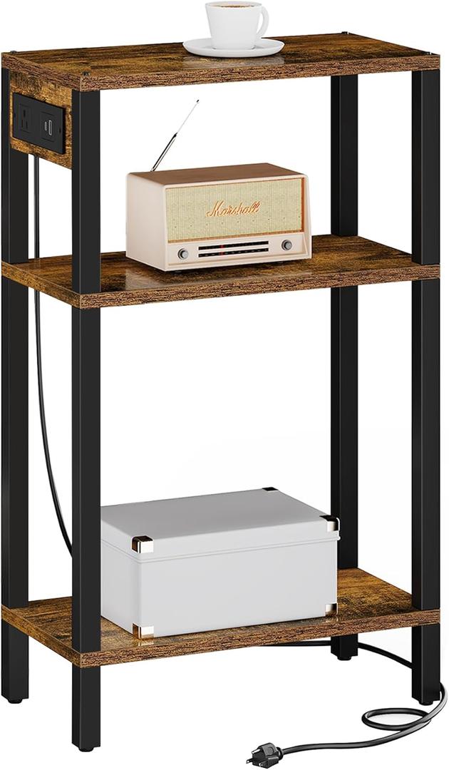 TUTOTAK Narrow Side Table with Charging Station,Small End Table with USB Ports and Outlets, Skinny Sofa Table, Slim Nightstand, Living Room, Bed Room, Brown TB01BB079 (3-Tier7.9"D x 15.8"W x 26"H)