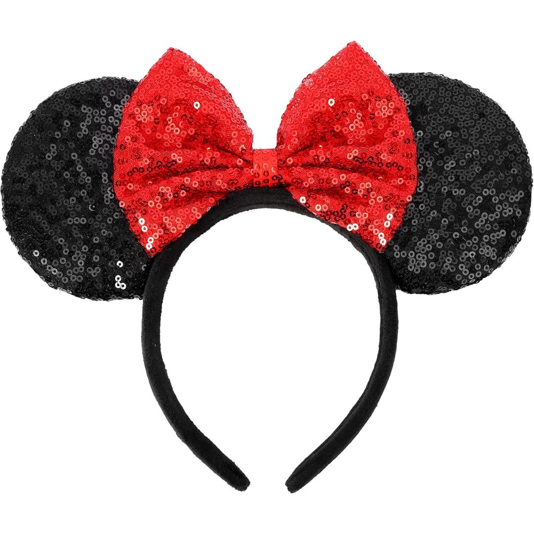 Mouse Ears Headbands, Sequin Mouse Ears for Women Girls Boys, Shiny Bow Headband for Cosplay Costume Party Decorations Hair Accessories (Red)