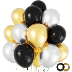 100 Pack Black Gold and Silver Balloons 12 inch Latex Party Balloons with 65ft Ribbon for Birthday Graduation New Year Party Decorations Supplies