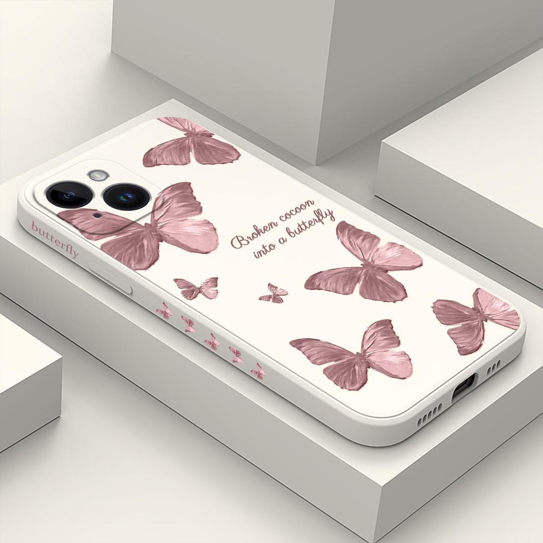 for iPhone 15 Case, Side Flowers Pattern Design Slim Soft Protector Phone Cover for iPhone 15, Butterfly Rice White
